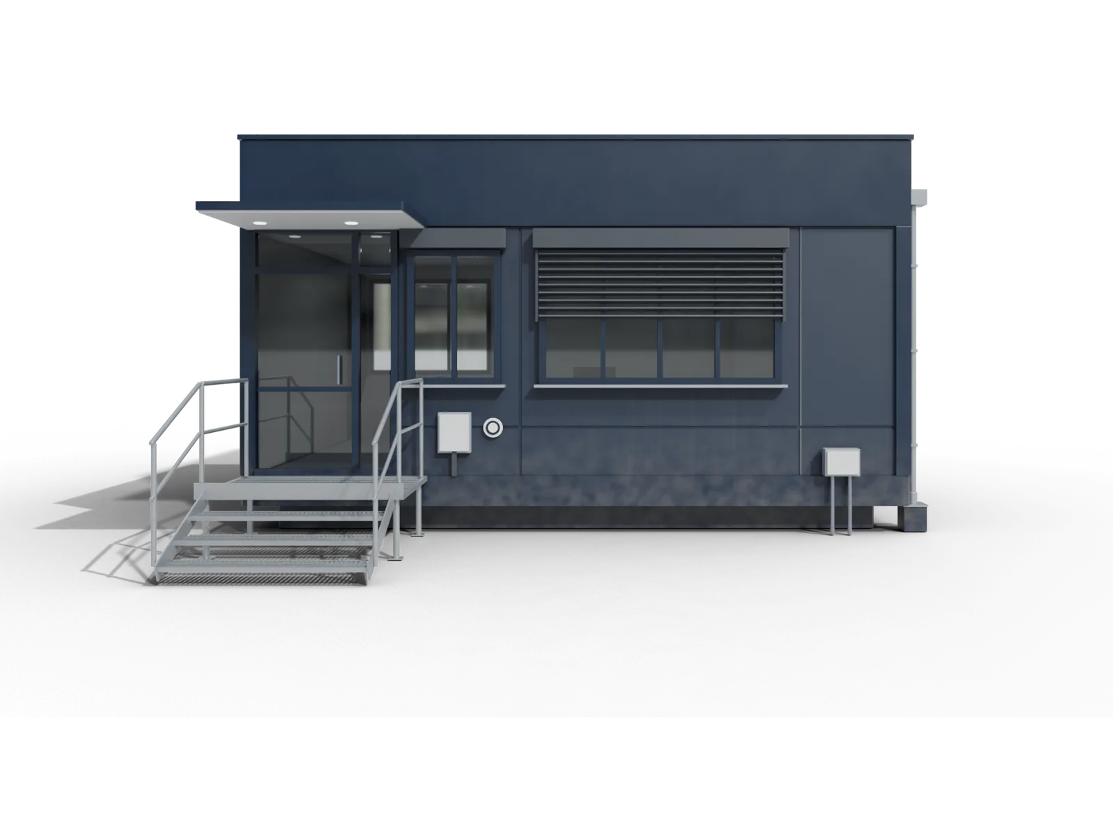 Containermodul mit Podest, Treppe, Fensterband, Raffstore und Klimagerät