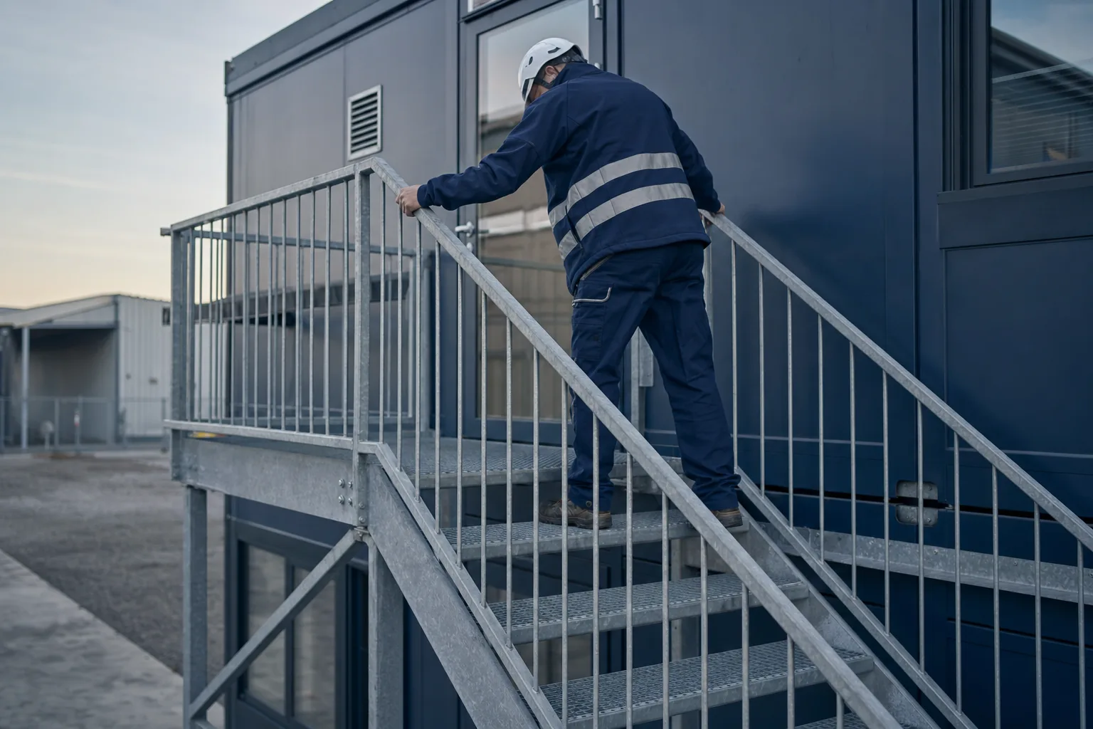 Monteur prüft die Aussentreppe einer Containeranlage