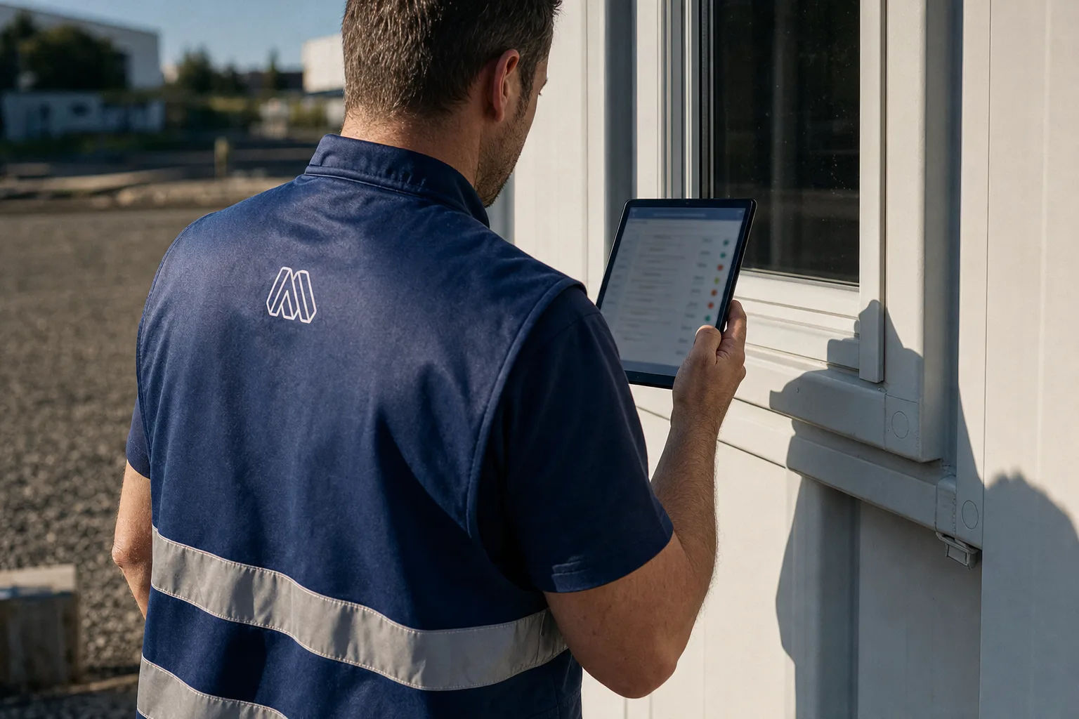 Mitarbeiter des Mariacher® Service Centers erfasst den Zustand einer Containeranlage auf dem Tablet
