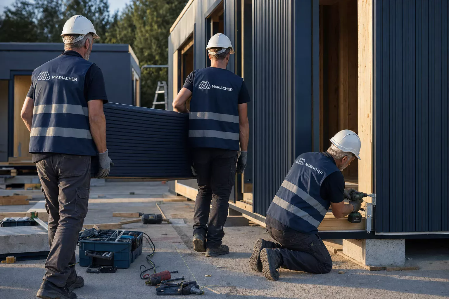 Mariacher Monteure arbeiten gemeinsam an einem Modulgebäude auf der Baustelle
