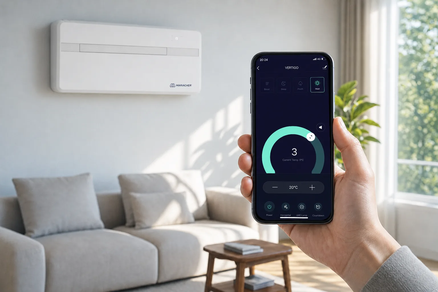 Hand mit Smartphone und geöffneter Steuerungs-App, im Hintergrund das AIR EVO 2 PRO an der Wand
