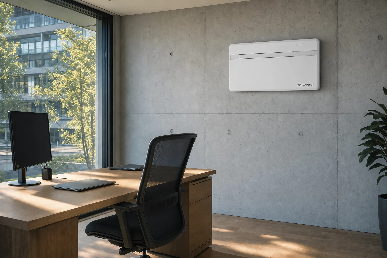 AIR EVO 2 PRO an der Sichtbetonwand eines Einzelbüros mit Eichenparkett