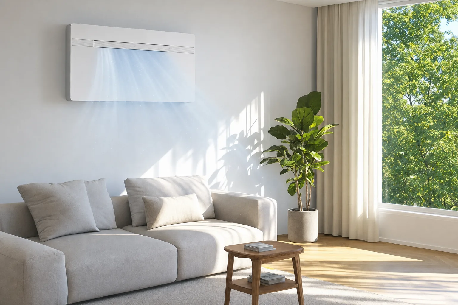 Wohnzimmer im Hochsommer: das AIR EVO 2 PRO kühlt, vor dem Fenster stehen grüne Bäume