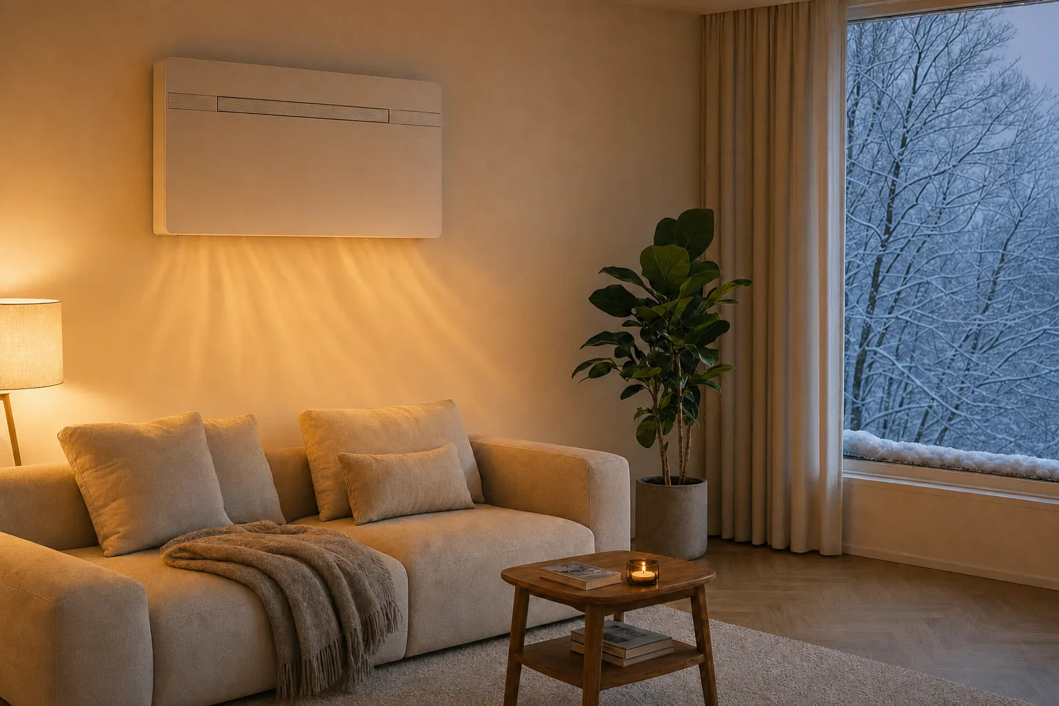 Dasselbe Wohnzimmer im Winter: das Gerät heizt, innen warmes Licht, draussen verschneite Bäume