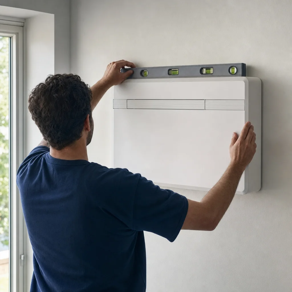 Mariacher-Monteur richtet das AIR EVO 2 PRO mit der Wasserwaage an der Wand aus