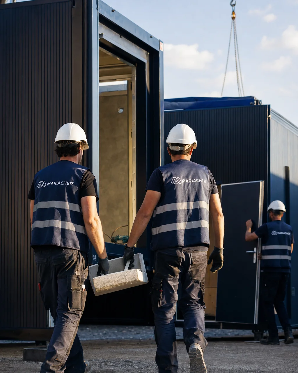 Mariacher fitters carrying a building component together on the construction site