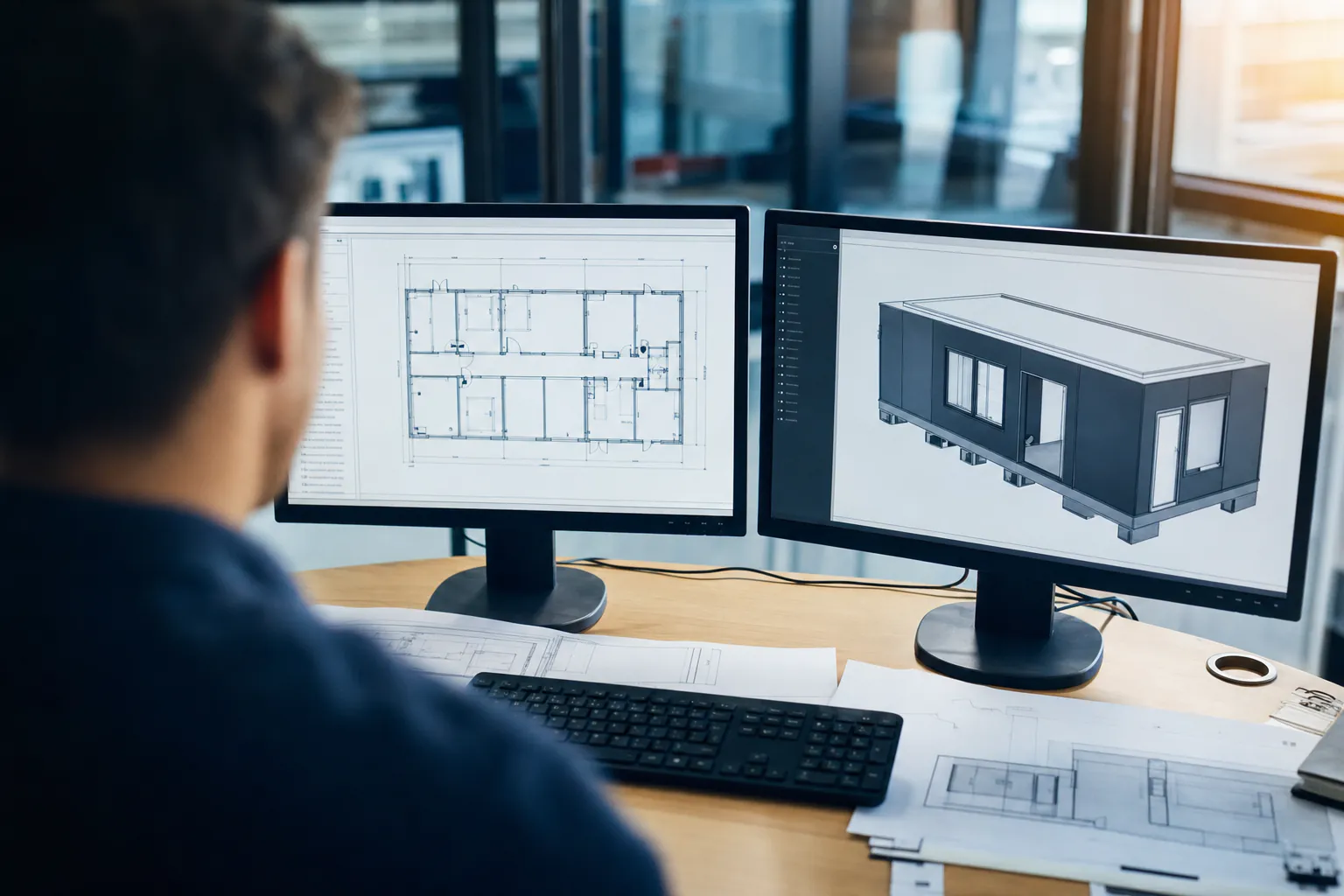 Werkplanung am Bildschirm: Grundriss und dreidimensionales Modell eines Raummoduls