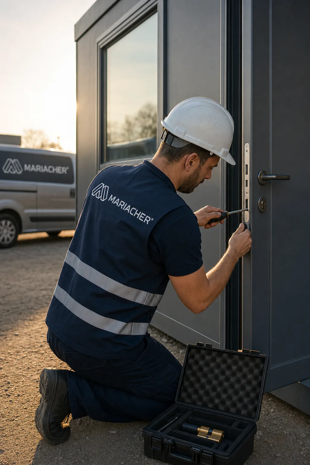 Mariacher Monteur setzt kniend den Schliesszylinder einer Modultür instand, im Hintergrund das Servicefahrzeug