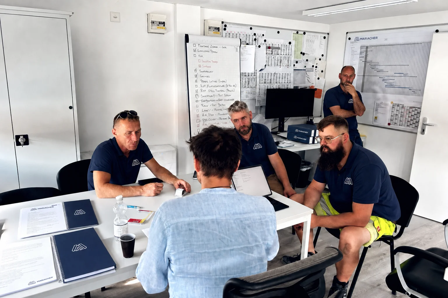 Projektbesprechung des Mariacher Teams mit Plänen und Termintafel im Büro