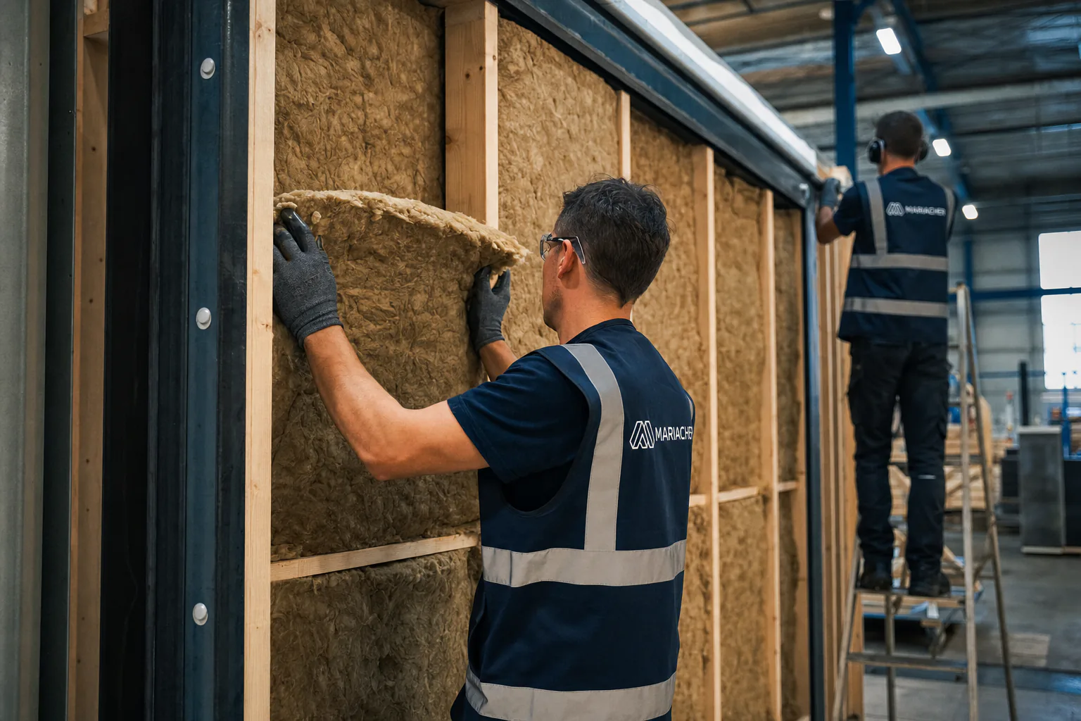 Mariacher Monteur dämmt eine Modulwand in der Produktionshalle, ein zweiter arbeitet im Hintergrund an der Anlage
