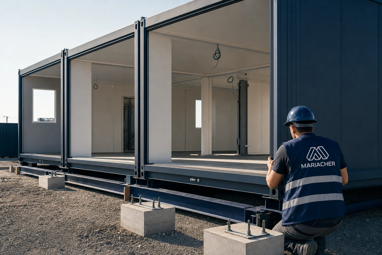 Mariacher-Monteur richtet ein Containermodul auf dem Fundament aus