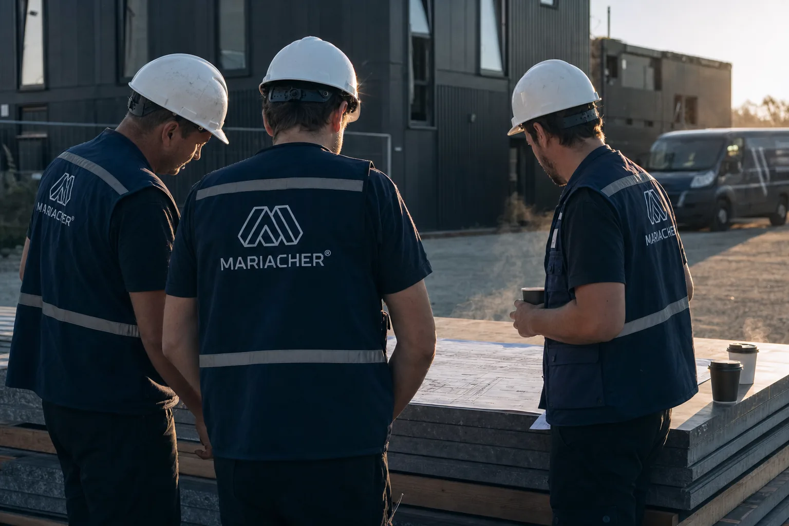 Mariacher Monteure besprechen morgens den Bauplan auf einem Paneelstapel