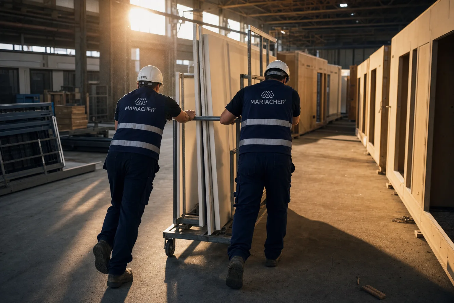 Zwei Mariacher Monteure schieben einen Plattenwagen durch die Produktionshalle