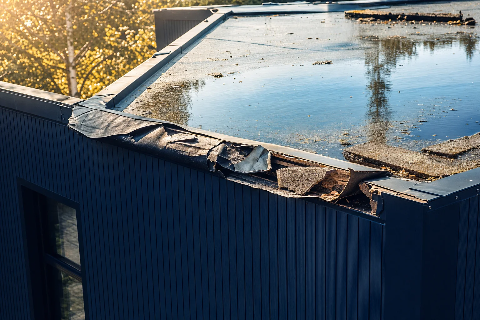 Stehendes Wasser und Laub auf einem Containerdach, die Dachbahn hat sich gelöst