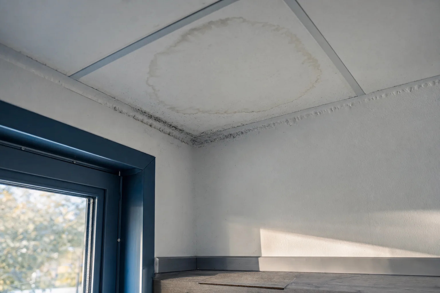 Wasserfleck und beginnender Schimmel an der Decke eines Containerbüros