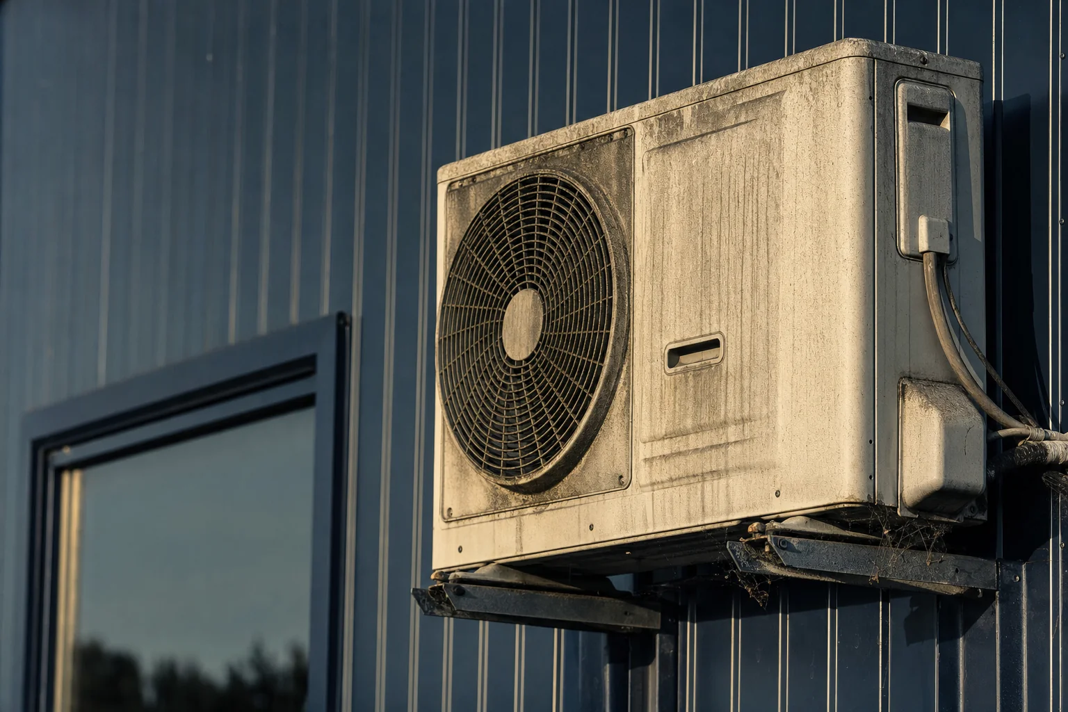 Verschmutztes und vergilbtes Klimaaussengerät an einer Containerfassade