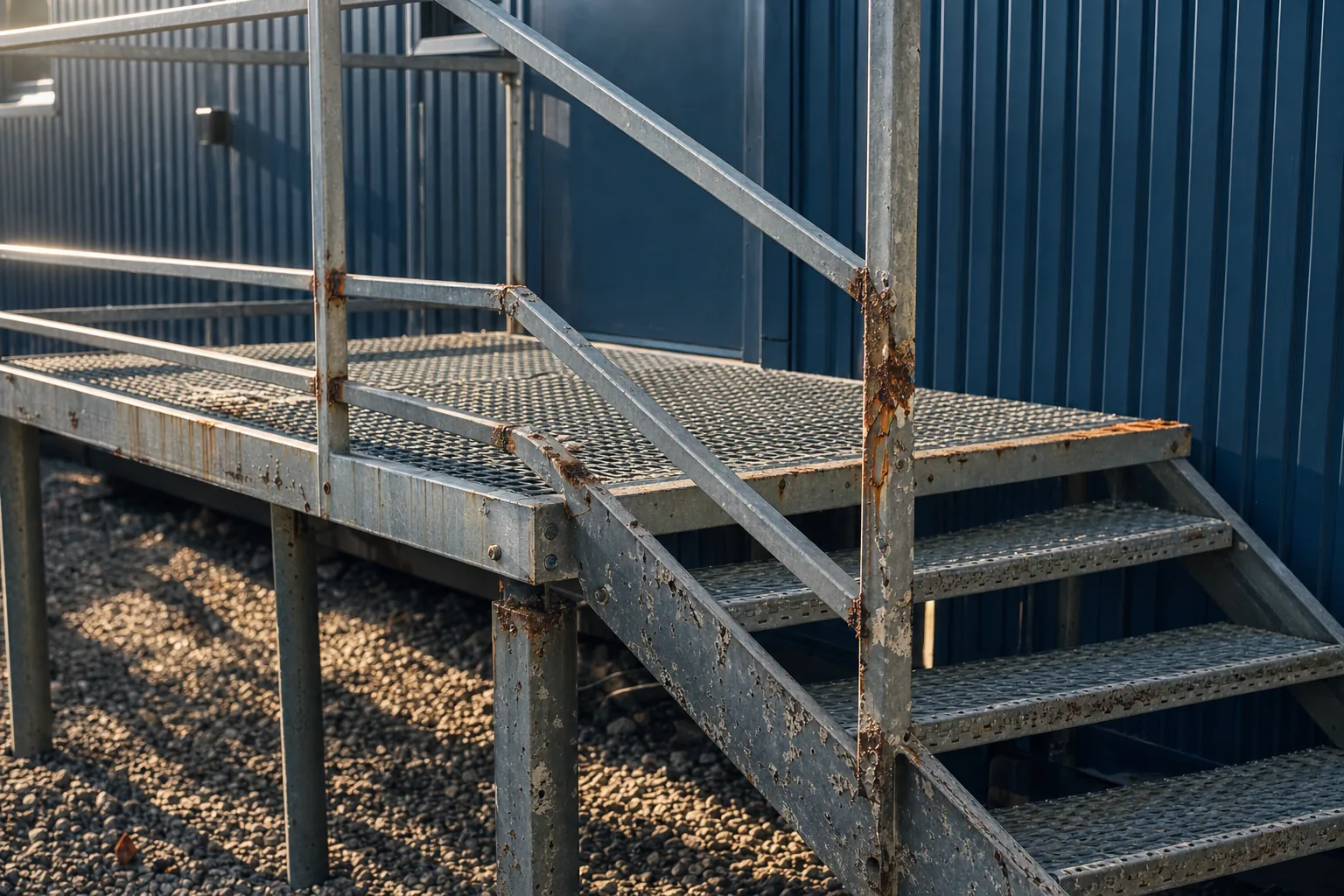 Verrostete Aussentreppe mit Podest an einer Containeranlage