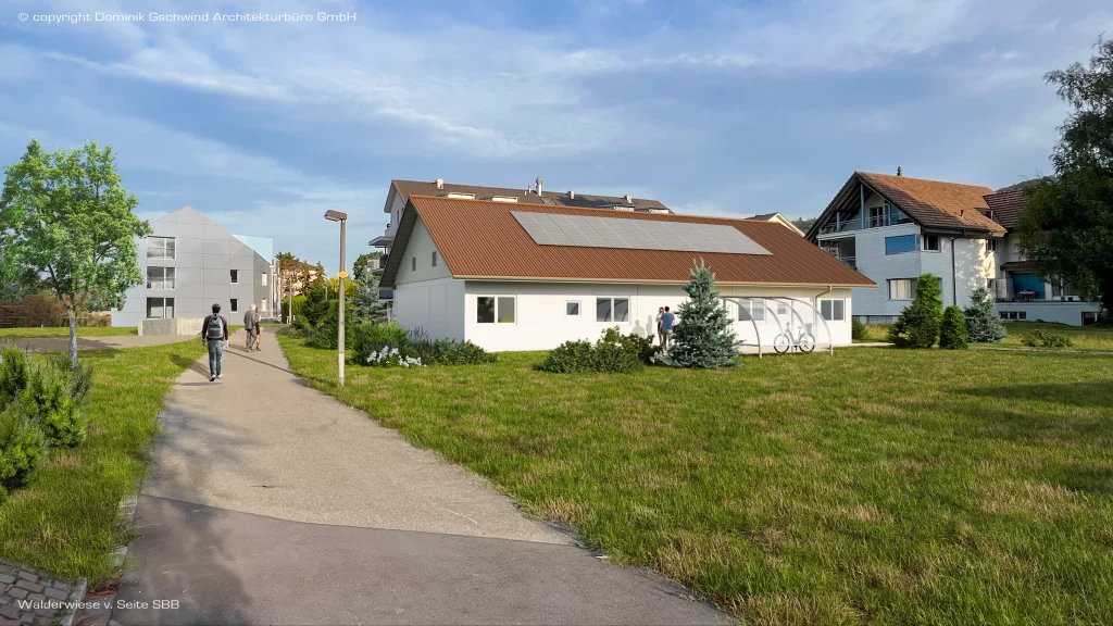 Visualisierung der Studie Schöfflisdorf: eingeschossiger Modulbau mit Satteldach, Photovoltaik und Velounterstand