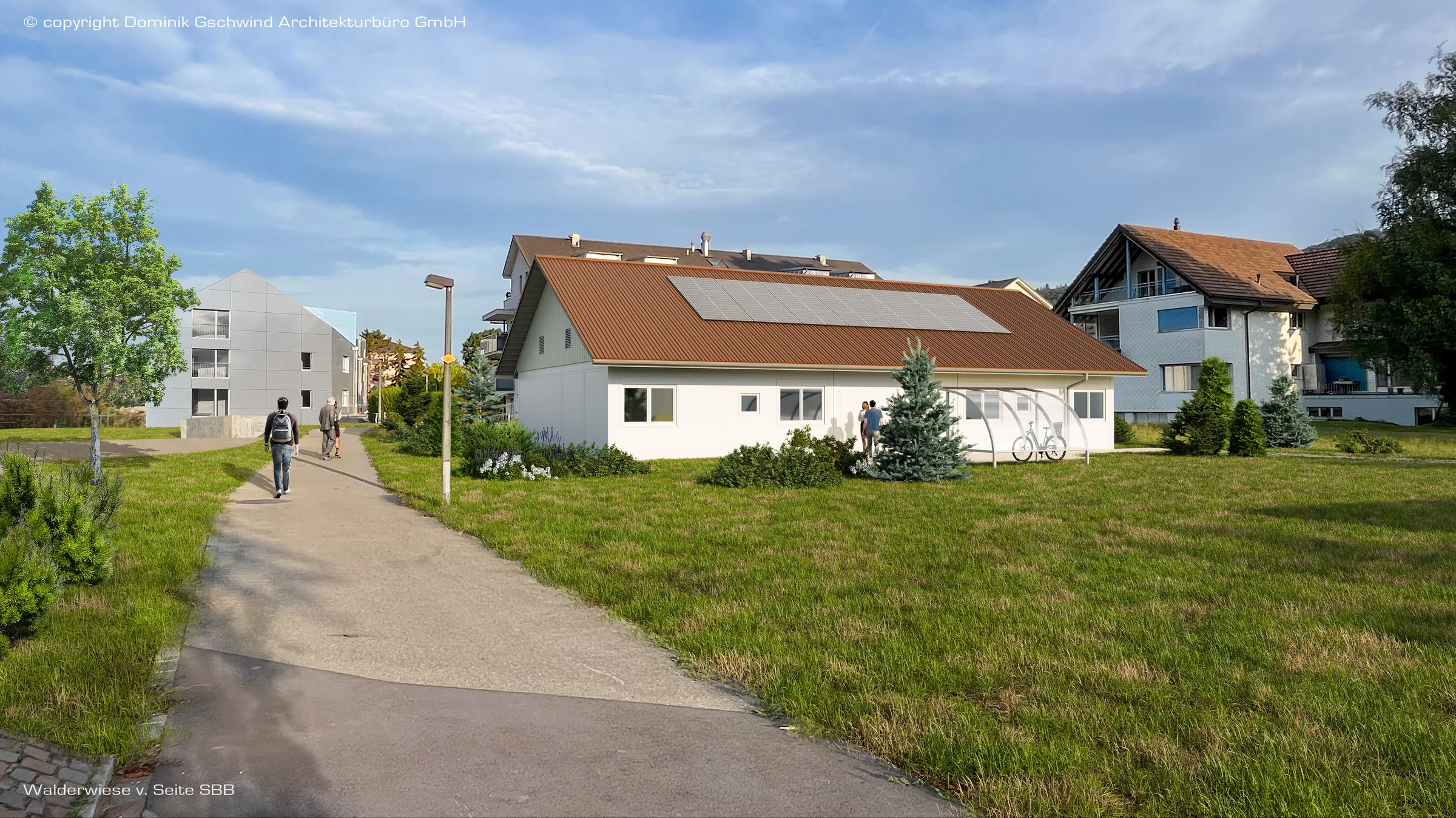Visualisierung der Studie Schöfflisdorf: eingeschossiger Modulbau mit Satteldach, Photovoltaik und Velounterstand