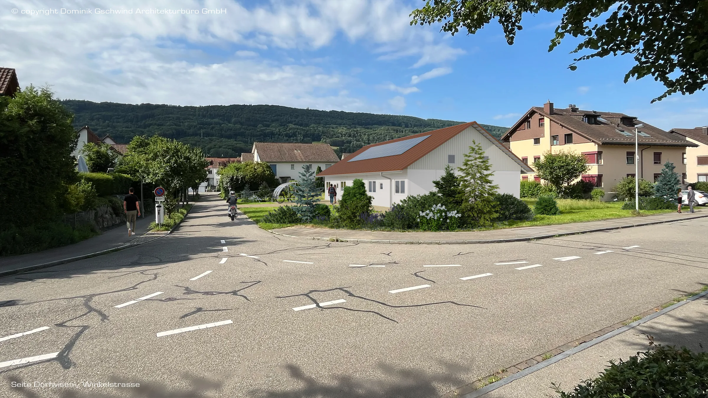 Visualisierung der Studie Schöfflisdorf: Blick auf die bestehende Strassensituation vor dem Eingriff