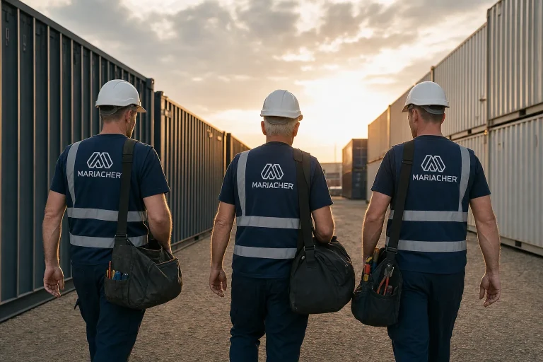 Mariacher Monteure auf einer Modulbau-Baustelle
