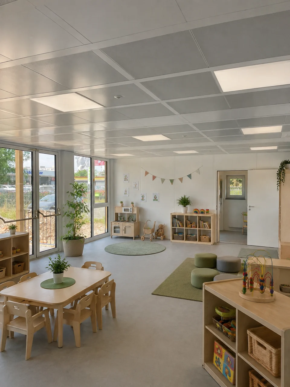 Heller Gruppenraum der Kindertagesstätte Basel mit kindgerechtem Mobiliar