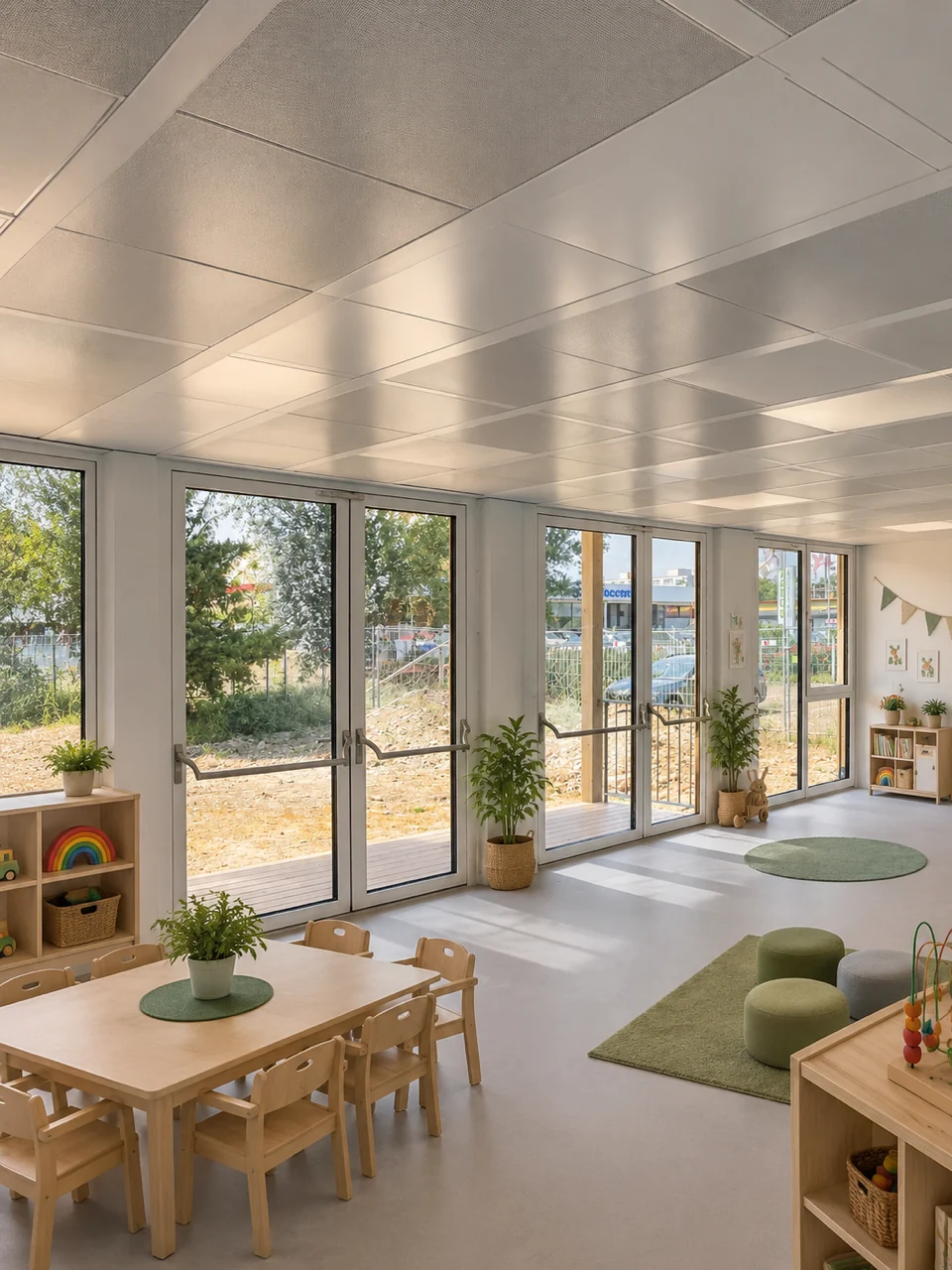 Gruppenraum der Kindertagesstätte Basel mit raumhohen Fenstertüren ins Freie