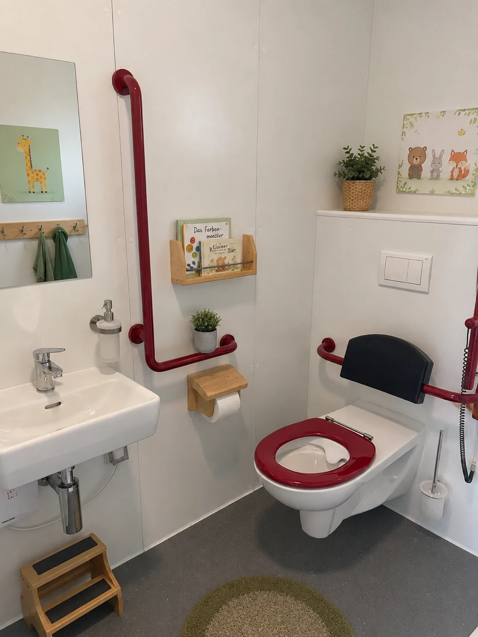 Kindgerechter Sanitärbereich der Kindertagesstätte Basel mit Haltegriffen