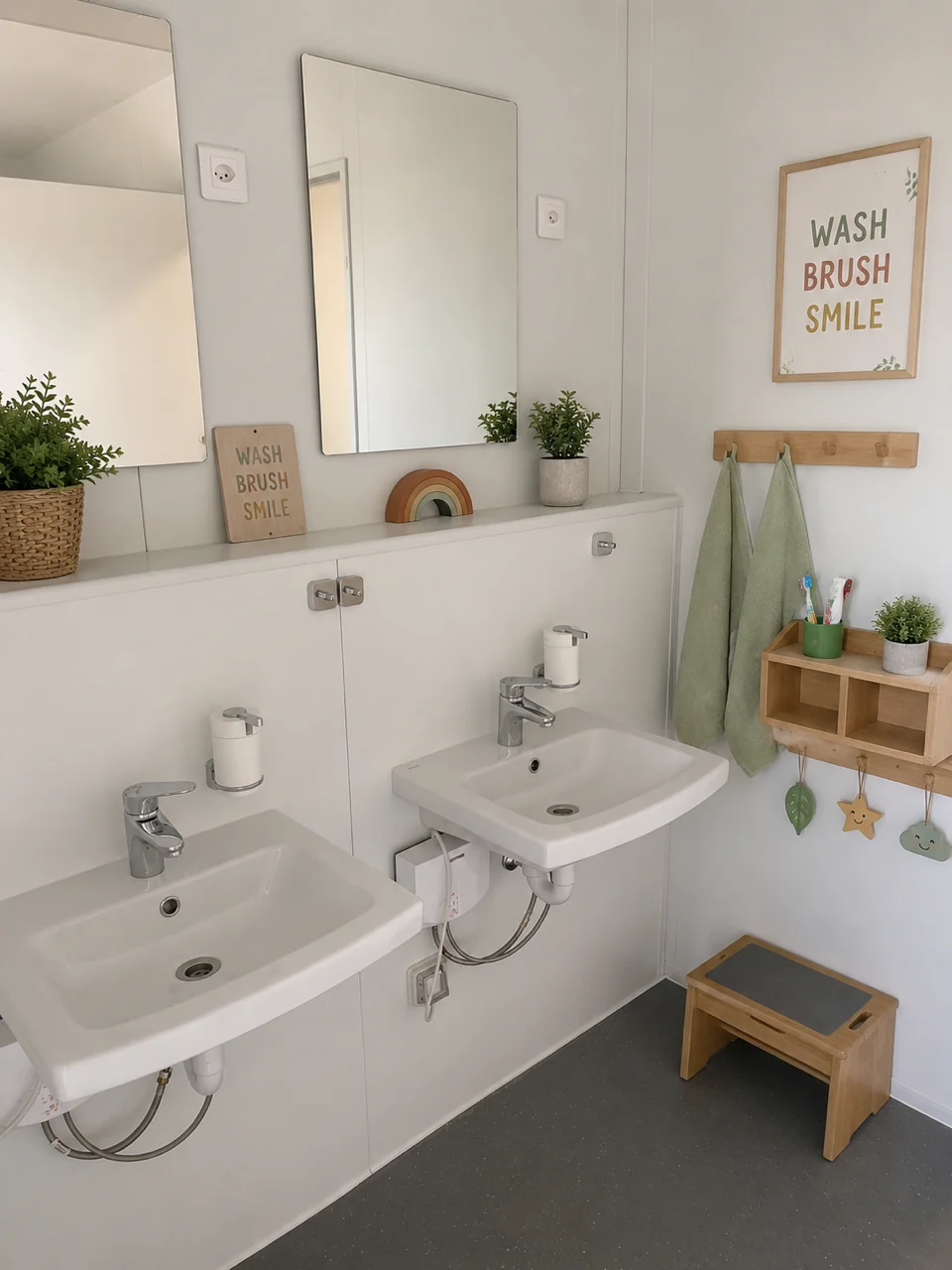 Waschbereich mit zwei Waschbecken in der Kindertagesstätte Basel